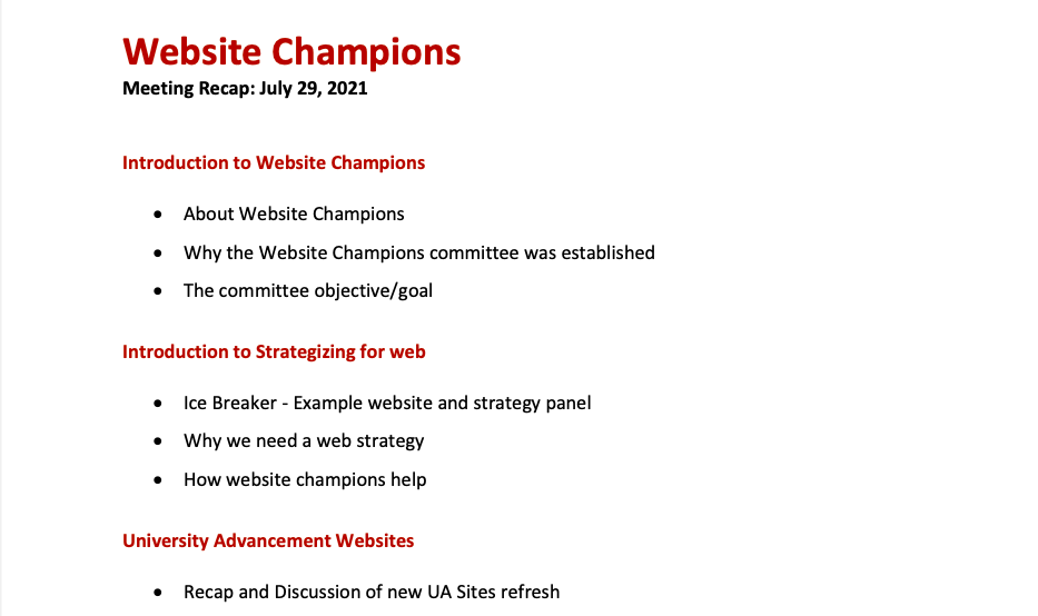 Website Champions Meeting Documentation